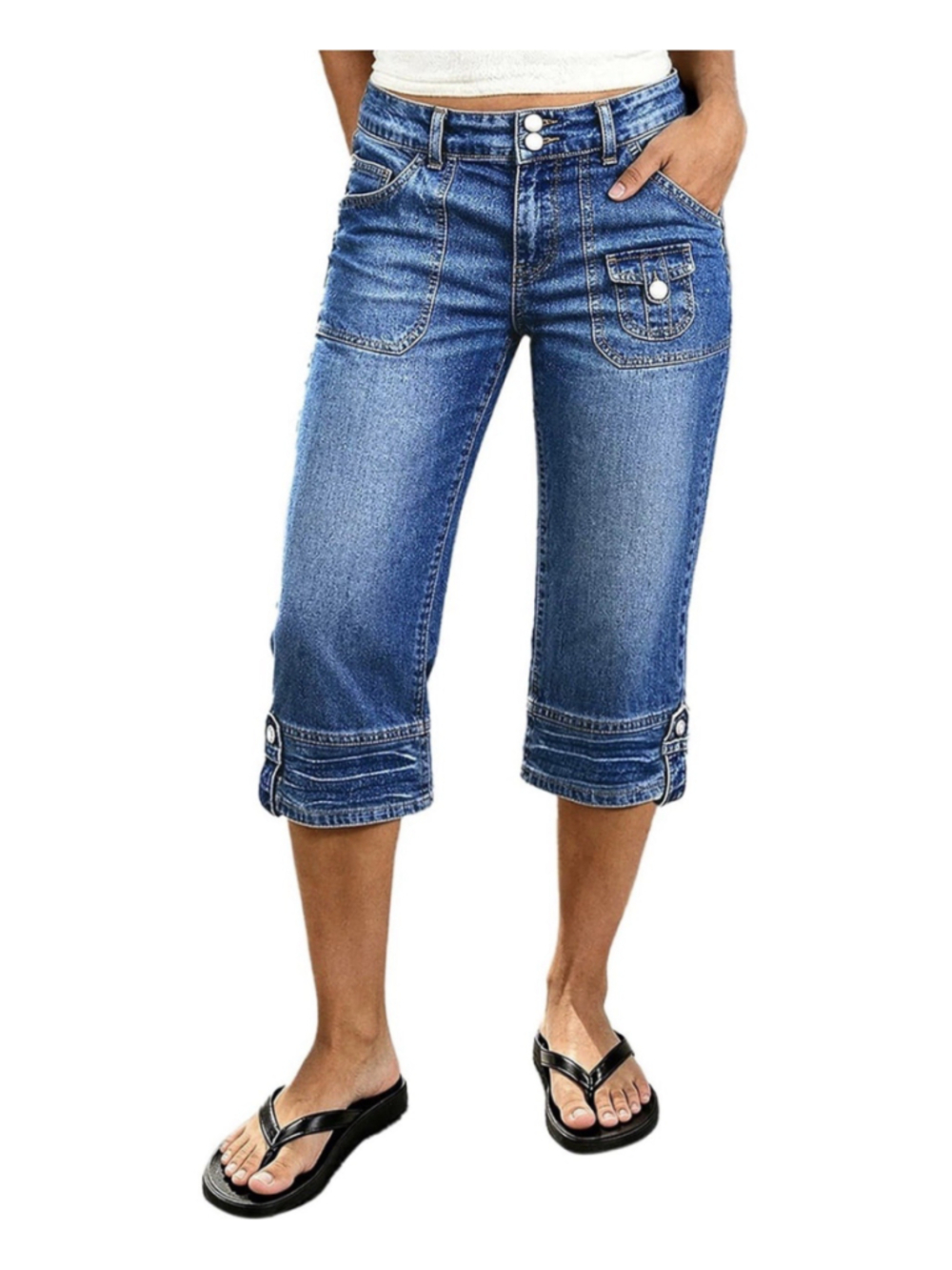 Flamingals Mid Waist Straight Leg Capri Wash Button Tab Jeans for Women 2XL